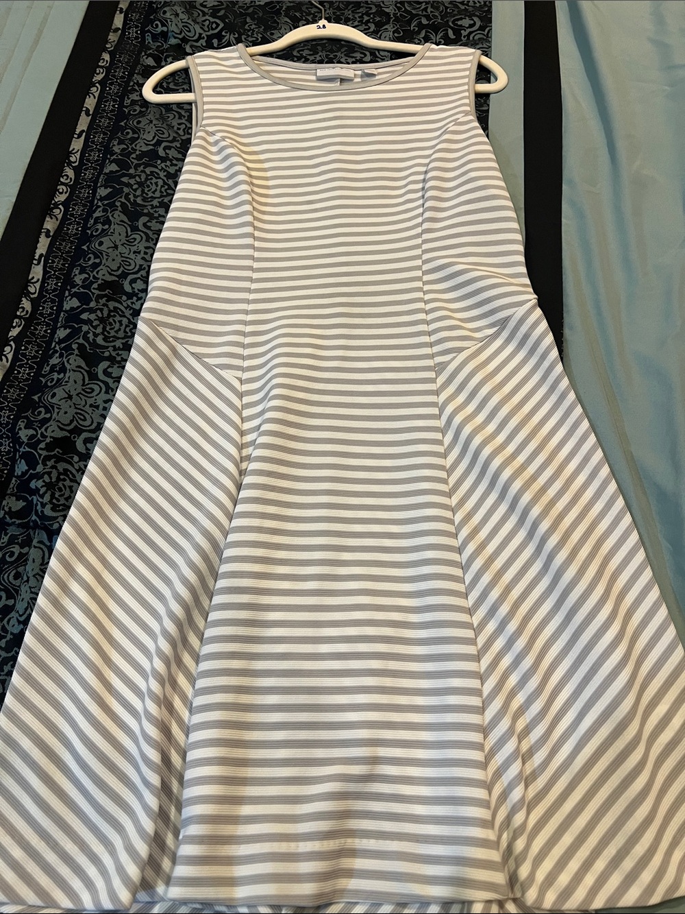 New York & Company White and Gray Striped Asymmetrical Fit-and-Flare Dress